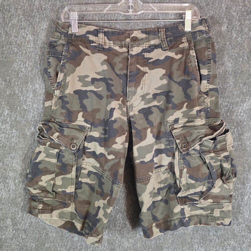 Y2K American Eagle Men's 32 Green Camo Cargo Shorts Cotton Canvas Long